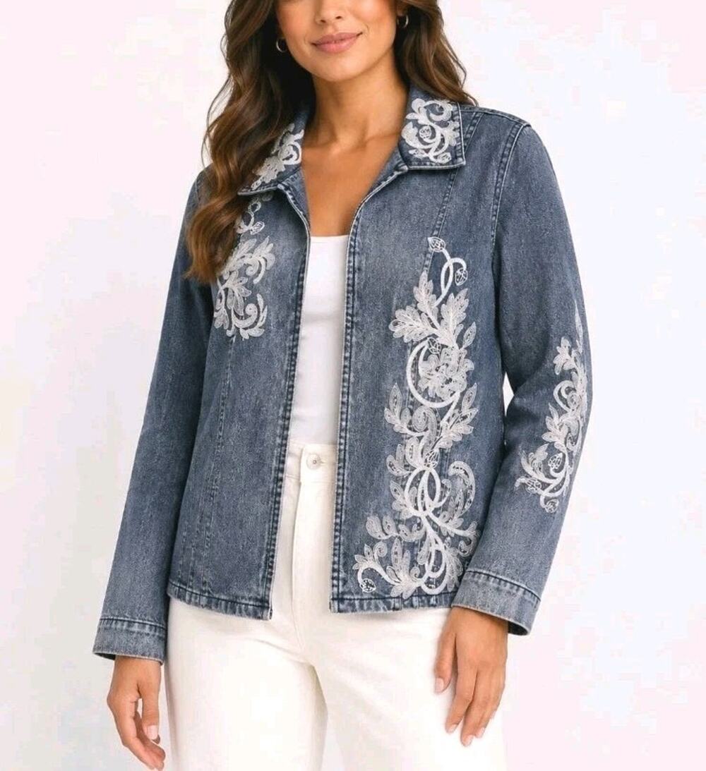 CHICO'S Platinum~Sz. 3 (US XL; 14-16)~Blue Denim Cotton Blend Jacket Embroidered